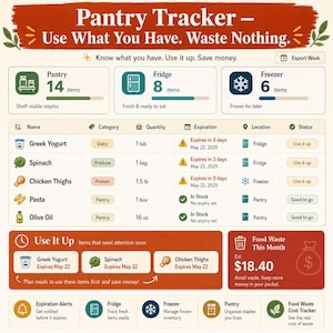Pantry Tracker showing three storage area cards for pantry fridge and freezer with item inventory table featuring yellow expiration warning badges and Use It Up smart list in terracotta
