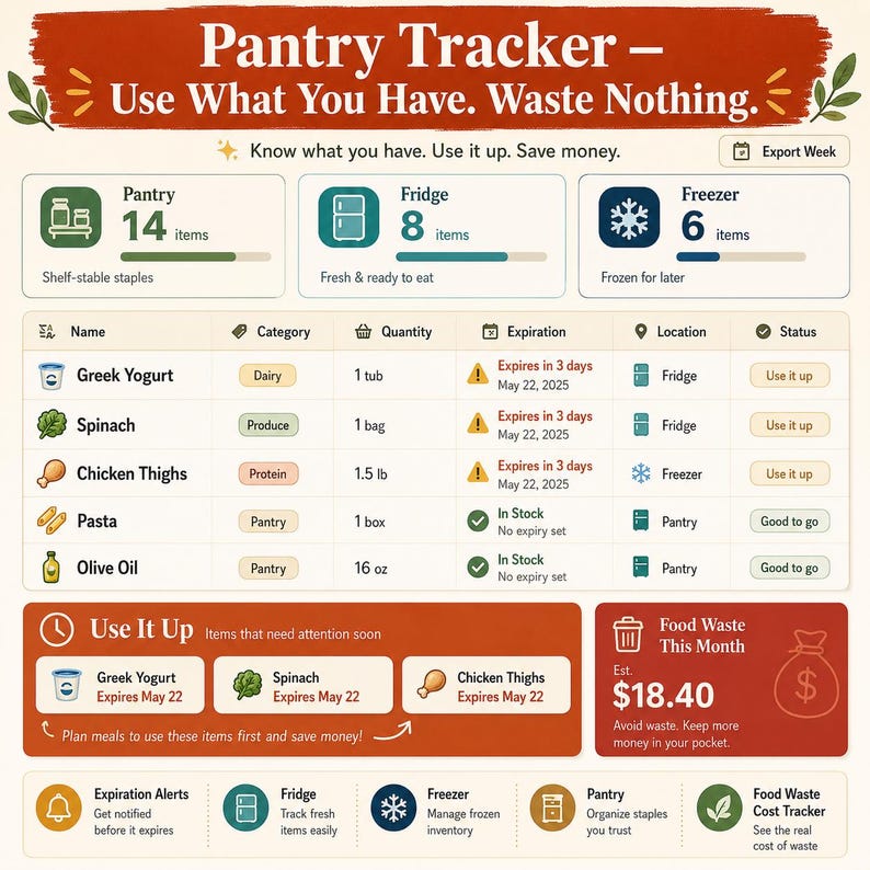 Pantry Tracker showing three storage area cards for pantry fridge and freezer with item inventory table featuring yellow expiration warning badges and Use It Up smart list in terracotta