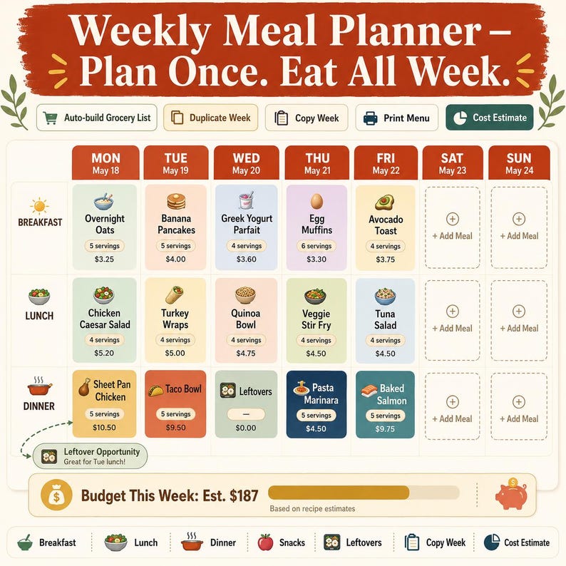 Weekly meal planner 7-column grid showing filled meal cards for each day with breakfast lunch and dinner slots recipe names emoji labels leftover opportunity badge and weekly budget estimate