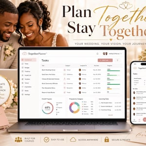 Op de afbeelding: Een laptop en smartphone met de "TogetherPlanner" app voor het plannen van een bruiloft. De afbeelding toont een lachend stel, trouwringen en de tekst "Plan Together, Stay Together."
