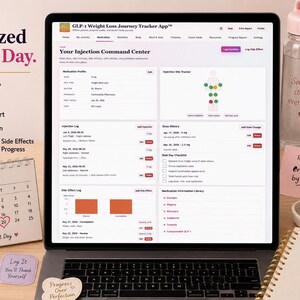 GLP-1 medication tracker page shown on a laptop with injection log, dose history, site rotation tracker, side effect log, and shot day checklist.