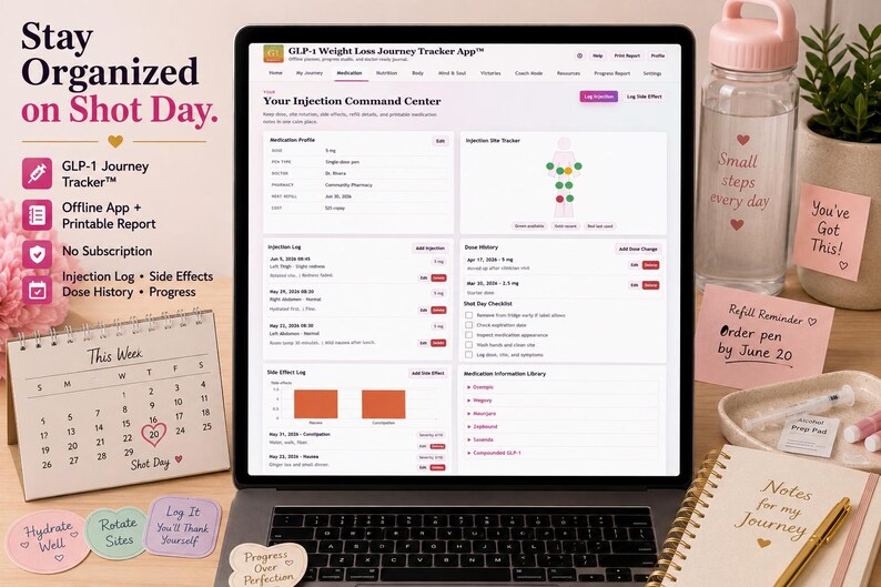 GLP-1 medication tracker page shown on a laptop with injection log, dose history, site rotation tracker, side effect log, and shot day checklist.