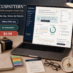 Adult ADHD Symptom Tracker App, Offline HTML Daily Pattern Planner (PDF Report)