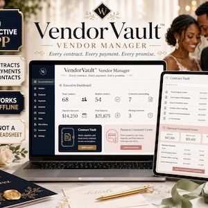 Op de afbeelding: Een laptop en tablet met de Vendor Vault-software-interface voor leveranciersbeheer. De software toont contractdetails, betalingsinformatie en contactbeheerfuncties. De afbeelding bevat elementen met een bruiloftthema, zoals ringen en een trouwkaart.