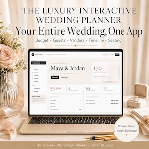 Könnte beinhalten: Ein Laptop zeigt eine Hochzeitsplanungs-App-Oberfläche mit dem Text "Maya & Jordan". Der Bildschirm zeigt Budget-, Gast- und Anbieterdetails. Das Bild enthält einen Stift, eine Ringbox und eine Vase mit Blumen. Der Text lautet "Browserbasiert Sofort-Download."