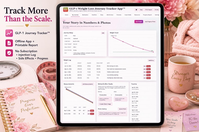 GLP-1 tracker My Journey page displayed on a tablet with weight log, measurements, progress photos, timeline, and body-positive wellness props.