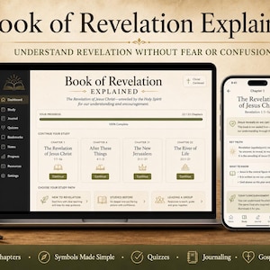 Op de afbeelding: Een laptop en smartphone tonen de interface "Book of Revelation Explained". De laptop toont studieopties, terwijl de telefoon de hoofdstukinhoud weergeeft. De afbeelding bevat de tekst: "Begrijp Openbaring zonder angst of verwarring."