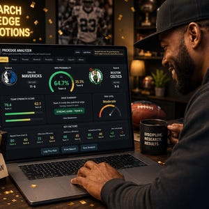 Pode incluir: Um computador portátil exibindo o painel de estatísticas esportivas Proedge Analyzer com logotipos dos Dallas Mavericks e Boston Celtics, uma caneca preta com o texto Discipline. Research. Results. e uma caixa de presente com a etiqueta For The Superfan.