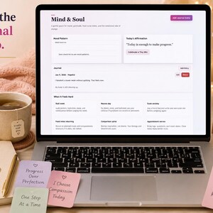 GLP-1 Mind and Soul journal page shown on a laptop with mood chart, affirmation, journal entries, and peaceful self-care props