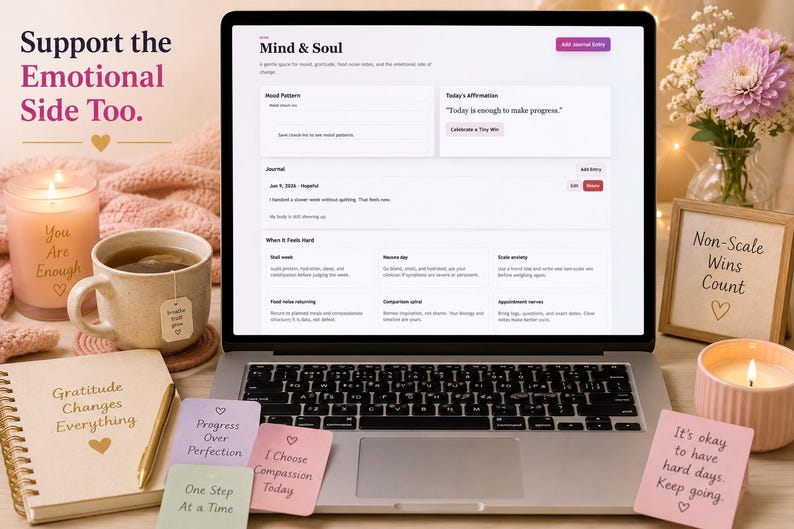 GLP-1 Mind and Soul journal page shown on a laptop with mood chart, affirmation, journal entries, and peaceful self-care props