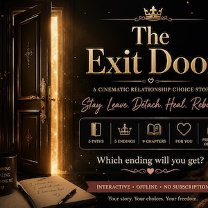 Może przedstawiać: Grafika promocyjna The Exit Door, filmowej historii o wyborach w relacjach. Obraz przedstawia świecące otwarte drzwi, kubek z tekstem oraz otwarty dziennik z odręcznymi notatkami. Tekst: Stay. Leave. Detach. Heal. Rebuild.