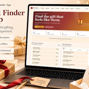 May include: A laptop screen displaying the Gift Finder App interface with a dark red and orange banner, navigation menu, and lists of upcoming birthdays and gift momentum. The screen shows text including Find the gift that feels like them.