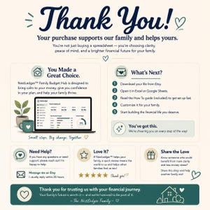 May include: A digital thank you card for the NestLedger Family Budget Hub spreadsheet. The graphic features dark blue text on a cream background, including instructions for downloading, a laptop icon displaying a dashboard, and support contact details.