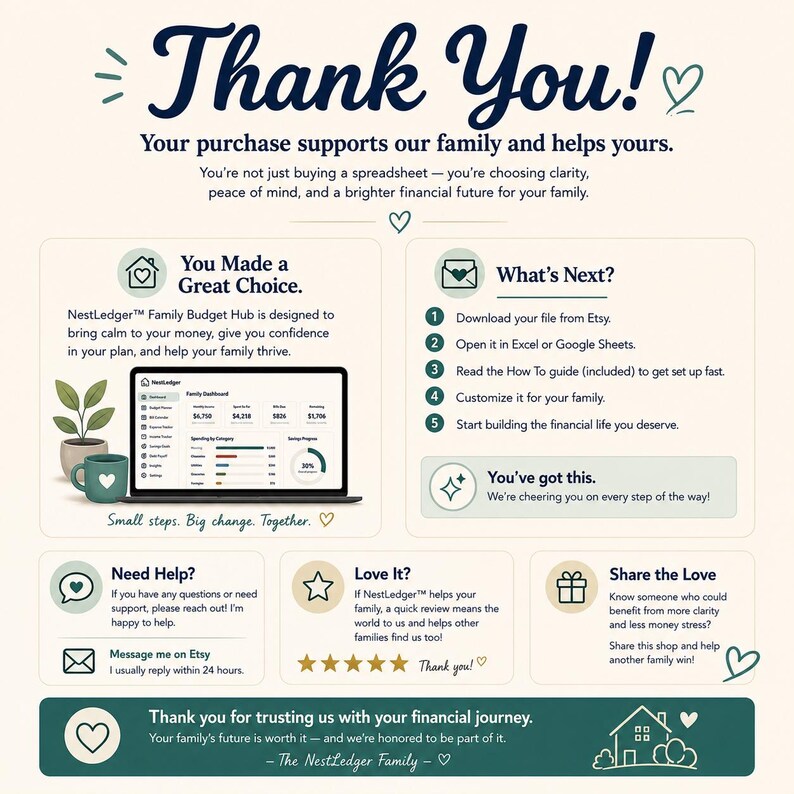 May include: A digital thank you card for the NestLedger Family Budget Hub spreadsheet. The graphic features dark blue text on a cream background, including instructions for downloading, a laptop icon displaying a dashboard, and support contact details.