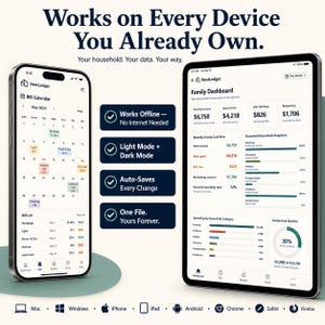 NestLedger app open on iPhone showing bill calendar and on iPad showing family dashboard with four feature badges for offline use light and dark mode auto-save and one-time purchase