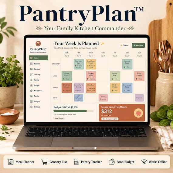 PantryPlan™ Family Meal Planner App | Weekly Meal Plan, Grocery List, Pantry Tracker, Food Budget | Digital Download