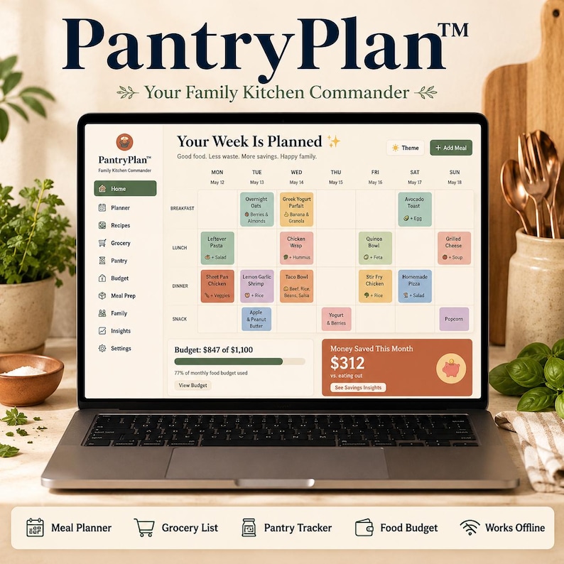 Alt text: PantryPlan family meal planner app open on MacBook showing 7-column weekly meal grid grocery budget progress bar and money saved vs eating out card on warm cream background with herbs and kitchen props