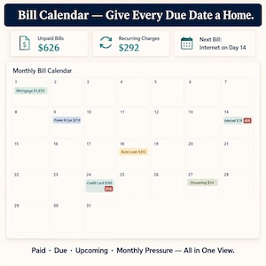 Bill Calendar feature showing 31-day monthly grid with color-coded bill chips for mortgage utilities auto loan credit card and streaming with paid and due status indicators