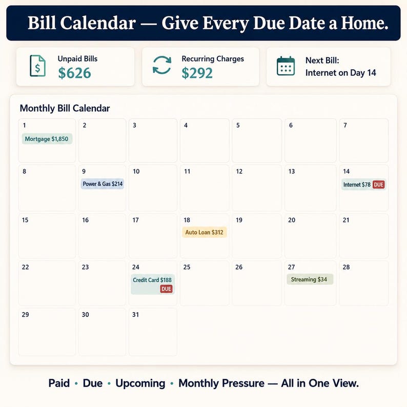 Bill Calendar feature showing 31-day monthly grid with color-coded bill chips for mortgage utilities auto loan credit card and streaming with paid and due status indicators