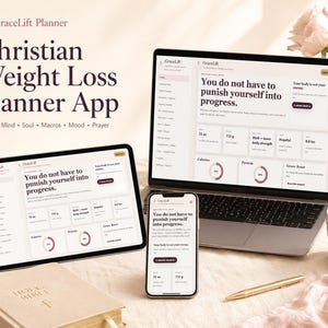 May include: A GraceLift Planner app interface displayed on a laptop, tablet, and smartphone. The screen shows the text 'You do not have to punish yourself into progress' alongside tracking metrics for calories, protein, and daily habits in a neutral color palette.