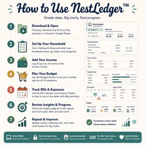 May include: An instructional infographic titled How to Use NestLedger, outlining seven steps for household budgeting. It features numbered icons, descriptive text for each step, and visual previews of spreadsheet dashboards for tracking income, expenses, and financial progress.