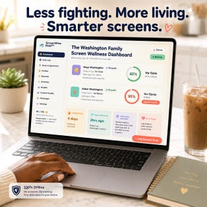Peut inclure: Un ordinateur portable affiche le tableau de bord de l'application ScreenWise Kids, montrant les données de temps d'écran. Le texte "Less fighting. More living. Smarter screens." est visible. Un carnet et un verre de café glacé sont à côté.