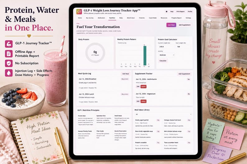 GLP-1 nutrition tracker page displayed on a tablet with protein charts, meal log, supplement tracker, water tracking, and healthy meal planning props.