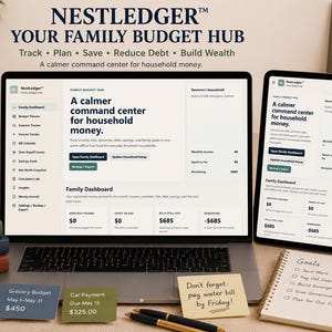 NestLedger Family Budget Hub app dashboard open on MacBook laptop showing stat cards for income expenses bills and remaining balance with teal spending bar chart on warm cream background