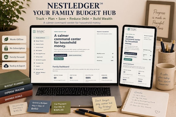 NestLedger™ Family Budget Hub App | Bill Calendar, Debt Payoff, Savings Goals, Net Worth, Expense Tracker | Digital Download