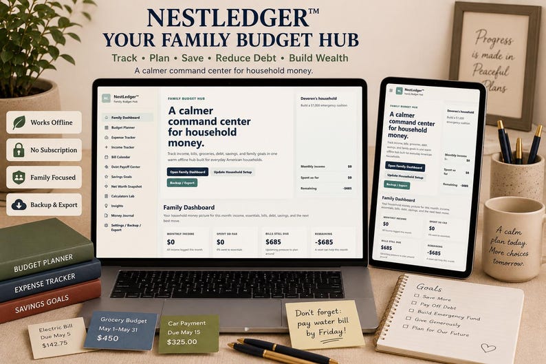 NestLedger Family Budget Hub app dashboard open on MacBook laptop showing stat cards for income expenses bills and remaining balance with teal spending bar chart on warm cream background