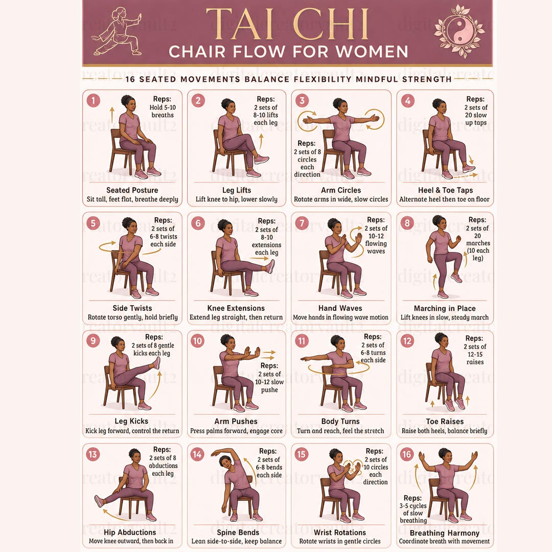 Tai Chi Chair Flow for Women, Printable Chair Exercise Chart PNG ...