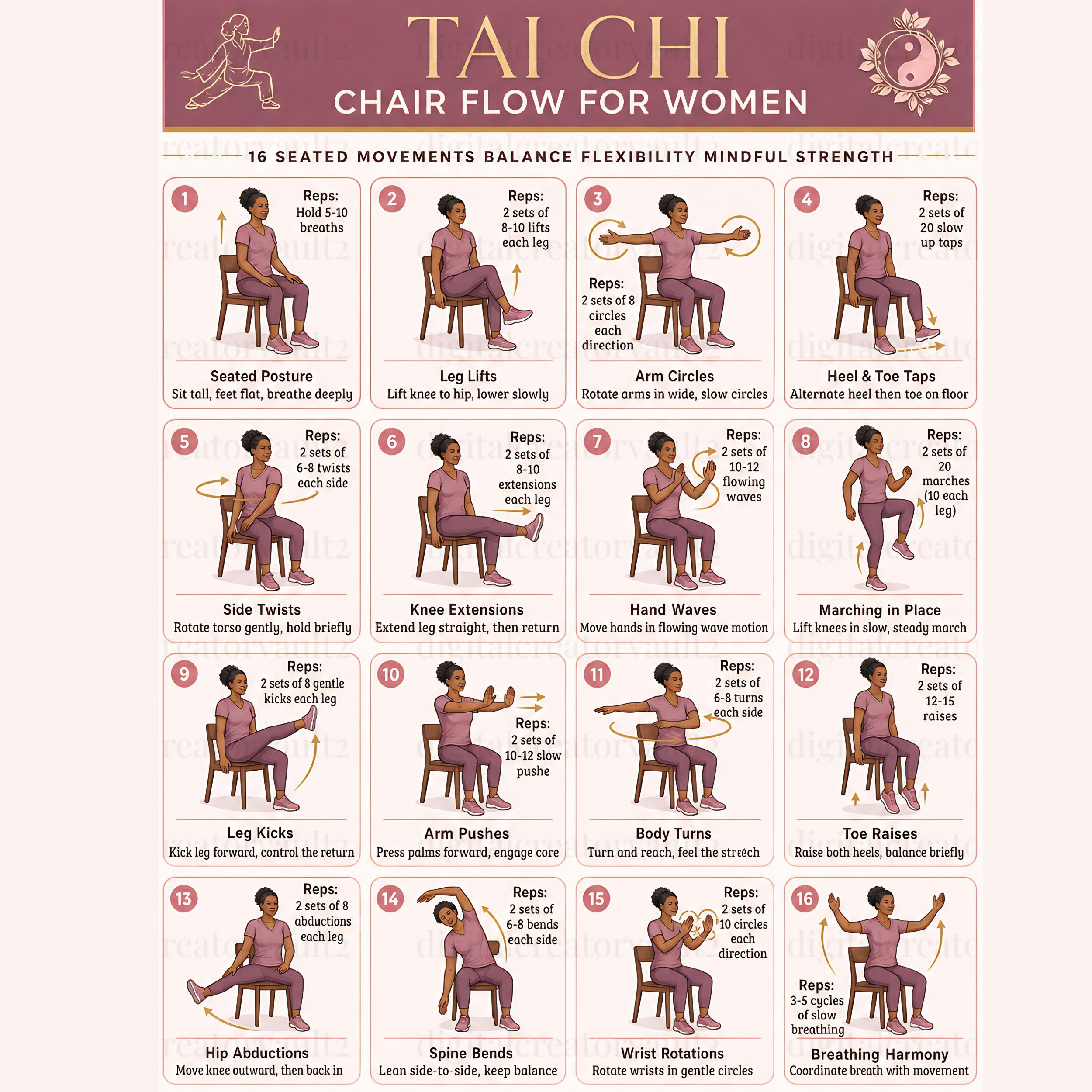 Tai Chi Chair Flow for Women, Printable Chair Exercise Chart PNG ...