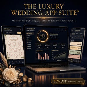 May include: A promotional image for a wedding planning app suite. The image features a laptop and two smartphones displaying app interfaces. The text reads "THE LUXURY WEDDING APP SUITE" and "75% OFF - Limited Time."