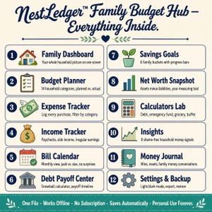 NestLedger complete feature overview showing all 12 sections with emoji icons and one-line benefit descriptions for family dashboard budget planner expense tracker bill calendar debt payoff savings goals net worth calculators insights journal and settings
