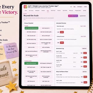 GLP-1 Beyond the Scale page shown on a tablet with non-scale victory checklist, movement log, body confidence notes, and motivational wellness props.