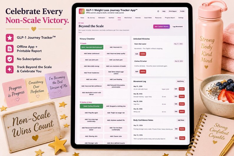 GLP-1 Beyond the Scale page shown on a tablet with non-scale victory checklist, movement log, body confidence notes, and motivational wellness props.