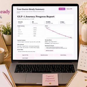 GLP-1 Progress Report page displayed on a laptop with weight summary, injection summary, side effects, doctor questions, print report, and backup tools.