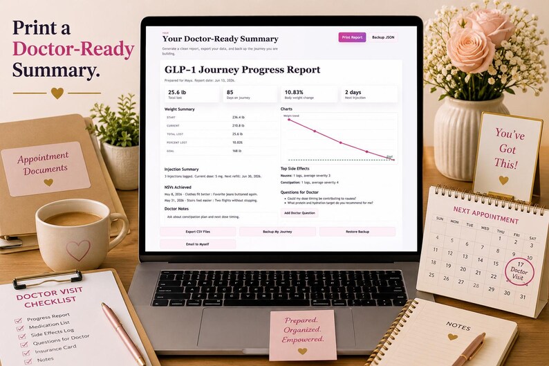 GLP-1 Progress Report page displayed on a laptop with weight summary, injection summary, side effects, doctor questions, print report, and backup tools.
