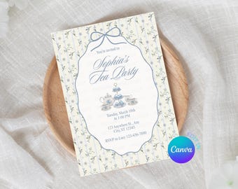 Vintage Coquette Tea Party Invitation, Blue Rose Par-Tea Invite Template, Floral Princess Tea Set, Printable & Mobile Ver, Editable on Canva