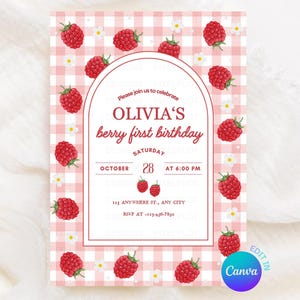 Invitación de primer cumpleaños con temática de frambuesa, invitación editable para niña, plantilla de Canva, versión imprimible y para móvil, descarga instantánea.