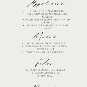 May include: A buffet menu with elegant calligraphy headings and a cream background. The menu lists appetizers, mains, sides, and desserts. Appetizers include charcuterie, salad, and prawn cocktail. Mains feature roast beef, grilled barramundi, and vegetable stir-fry.