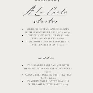 May include: A menu with the word "MENU" at the top, followed by the date "26.4.2024". The menu is divided into sections: "&Agrave; La Carte", "starter", "main", and "dessert", listing various dishes with prices.
