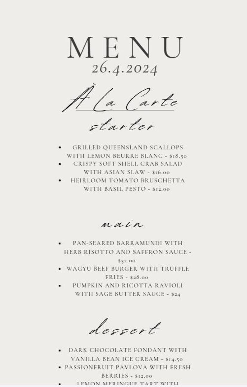 May include: A menu with the word "MENU" at the top, followed by the date "26.4.2024". The menu is divided into sections: "&Agrave; La Carte", "starter", "main", and "dessert", listing various dishes with prices.