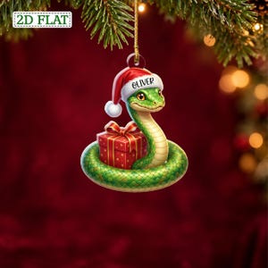Custom Cute Green Serpent Wrapped Around Red Xmas Gift Box Ornament, Coiled Python Santa Hat Bauble, Holiday Gift for Reptile Lover