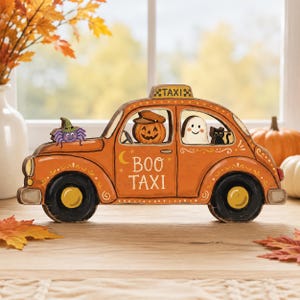 BOO Taxi Halloween Wooden Car Decor, Ghost Pumpkin Cat Vintage Shelf Sitter, Cute Spooky Fall Autumn Whimsical Home Gift Decoration
