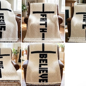 May include: A collection of five chunky knit blankets in cream with black patterns. Each blanket features a large cross design integrated with the words JESUS, FAITH, HOPE, LOVE, and BELIEVE respectively, displayed in a bold, vertical font.