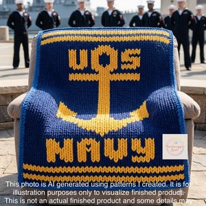 May include: A chunky knit blanket in deep blue with a prominent yellow anchor graphic and the word NAVY knitted in yellow block letters. The design features horizontal yellow stripes at the top and bottom edges, creating a bold nautical aesthetic.