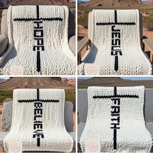 May include: Four images of cream-colored, chunky knit blankets with black cross designs and inspirational words. The words "HOPE", "JESUS", "BELIEVE", and "FAITH" are vertically displayed. Each blanket is draped over a chair or bench.