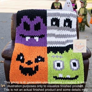May include: A chunky knit blanket featuring four square panels with Halloween character designs: a purple vampire, a white mummy, an orange jack-o'-lantern, and a green monster. The blanket has a logo for The Snuggle Spot in the corner.