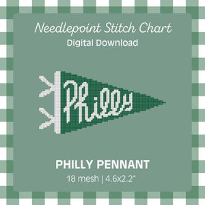 Op de afbeelding: Een digitale naaldstekenkaart met een groene wimpel met het woord "Philly" in het wit. De wimpel is 11,7 x 5,6 cm groot en heeft 18 mesh. De achtergrond is een groen-wit geblokt patroon.